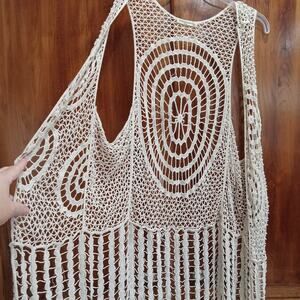 Womens One Size Ivory Crochet Fringe Vest Longline Boho Festival Hippie Western